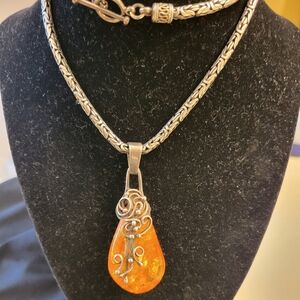 Sterling silver byzantine chain with amber pendant